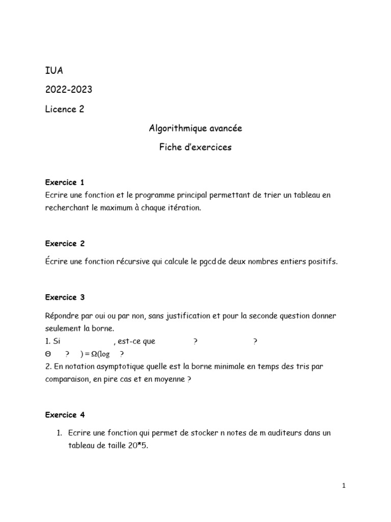 Exercices d'Algorithmique Avancée | PDF