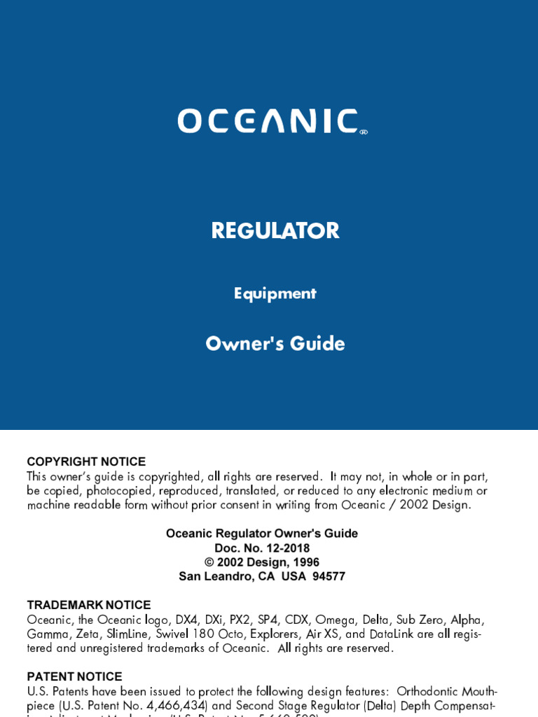 Oceanic Regulator Owner's Guide | PDF | Scuba Diving | Underwater Diving