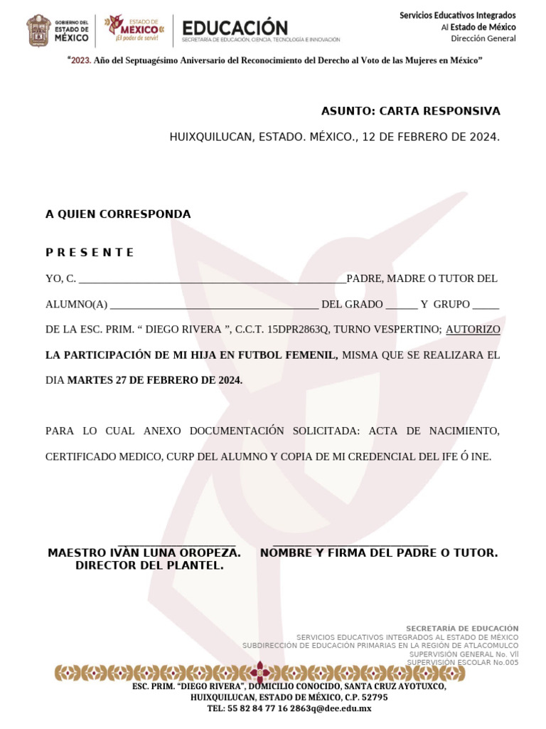 Carta Responsiva para Fútbol Femenil | PDF