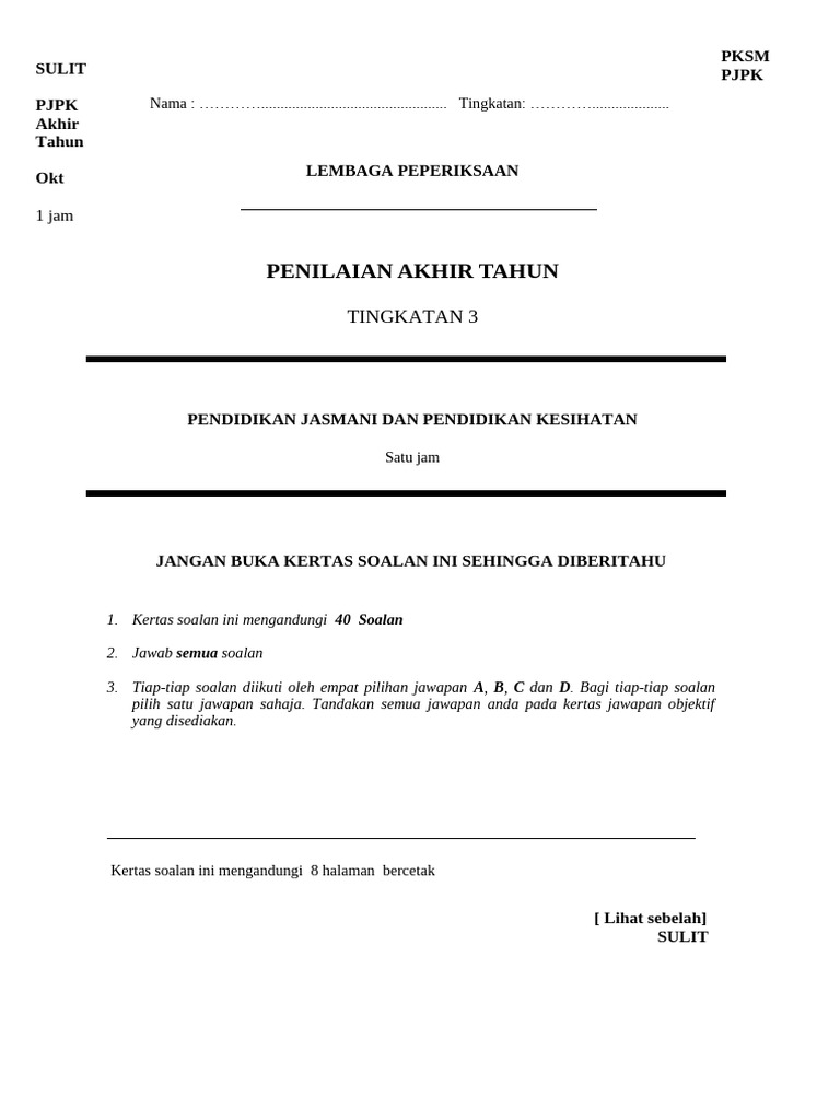 Soalan PJPK Ting 3 2022 | PDF