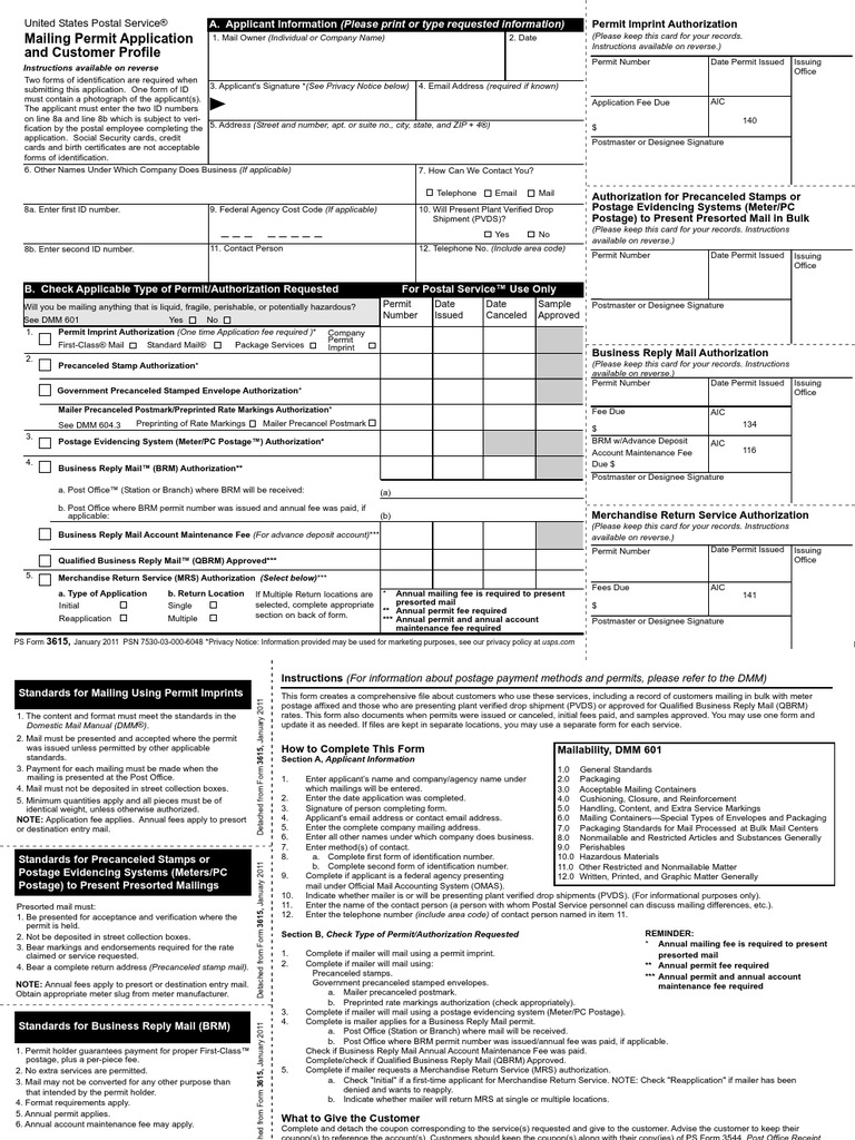 Ps3615 Mailing Permit PDF United States Postal Service Postage Stamp