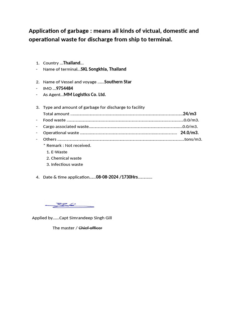 Garbage Discharge Application for Southern Star | PDF