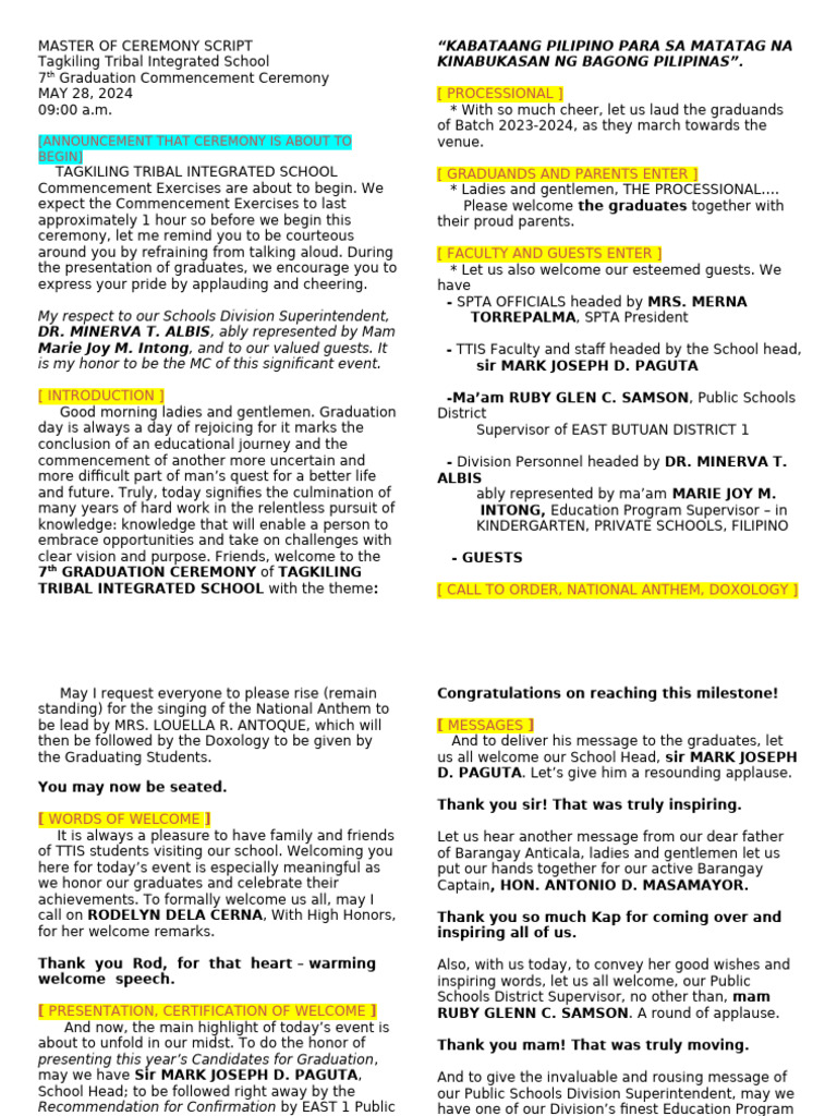 Tagkiling School 7th Graduation Script | PDF