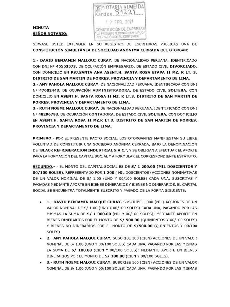 Minuta de David Benjamin Mallqui Curay S.A.C. | PDF | Bancos | Seguro