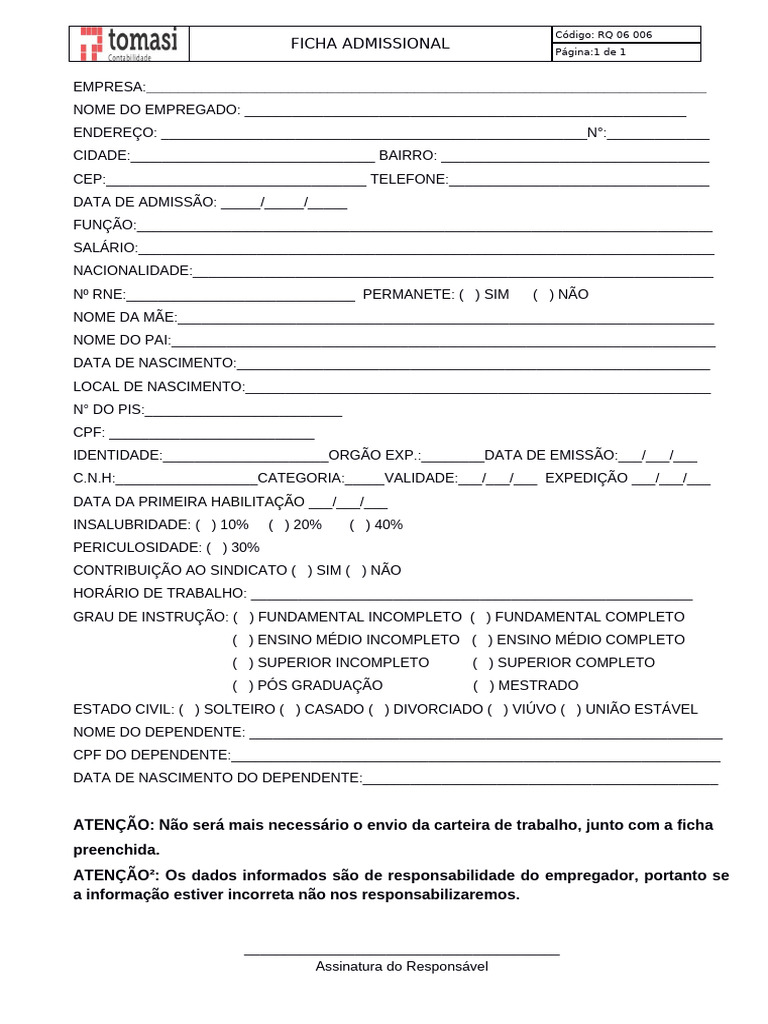 Ficha Admissional de Empregado | PDF