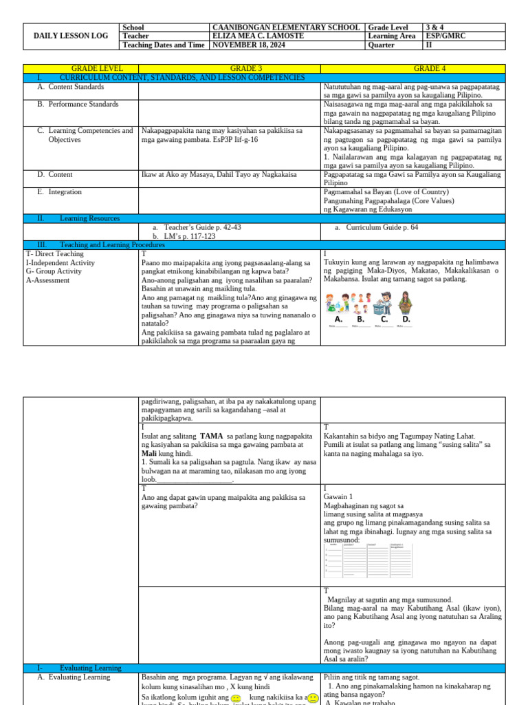Daily Lesson Log for Grades 3 & 4 | PDF | Multiplication | Teachers
