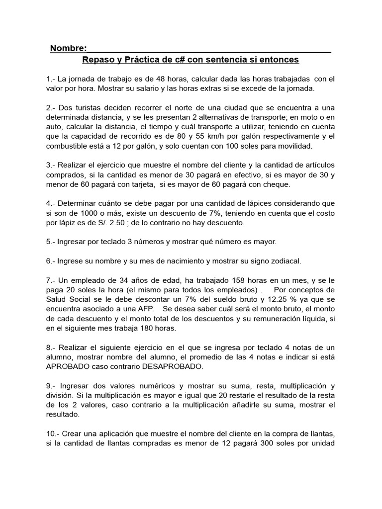 Ejercicios Prácticos de C# y Condicionales | PDF