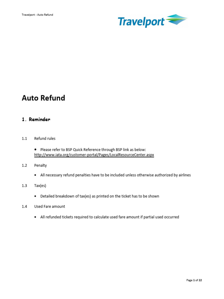 Travelport Auto Refund Guidelines | PDF | Credit Card | Fare