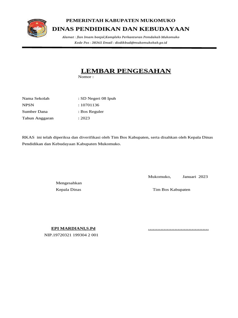 Pengesahan RKAS SD Negeri Mukomuko 2023 | PDF