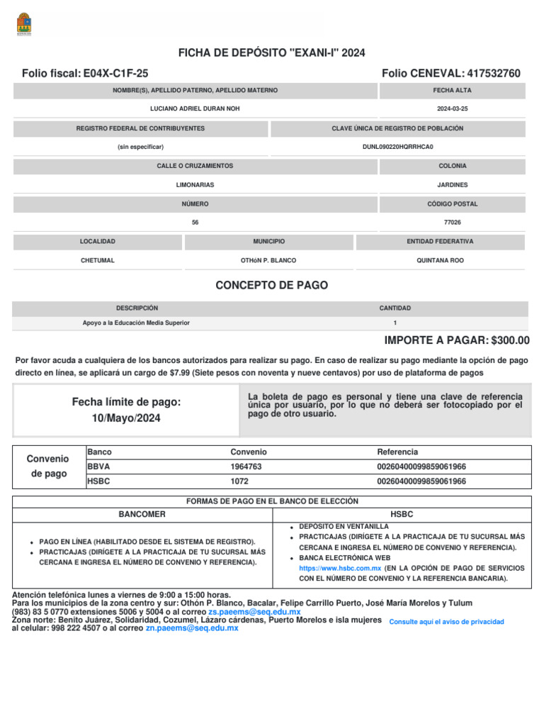 Ficha de Pago EXANI-I 2024 | PDF