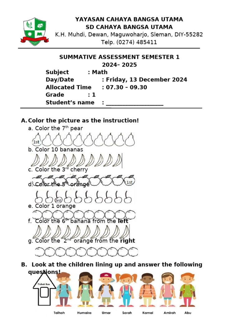 Grade 1 Math Summative Assessment 2024 | PDF | Vegetables