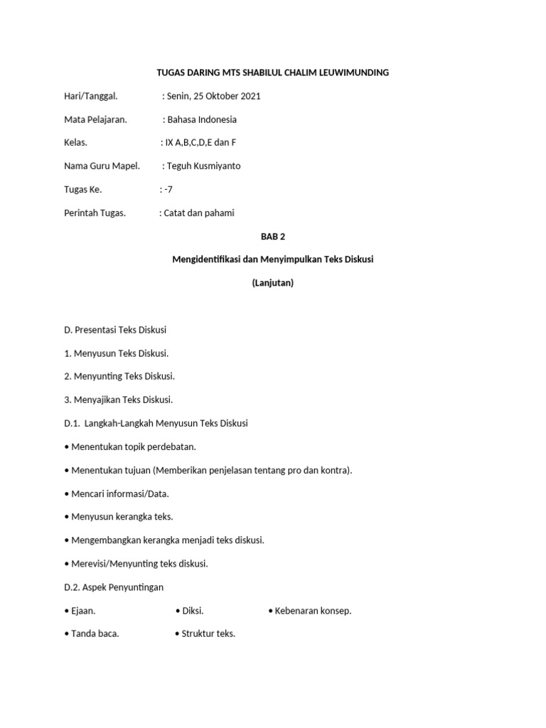 Tugas Daring Bahasa Indonesia Kelas IX A,B,C,D,E,F | PDF