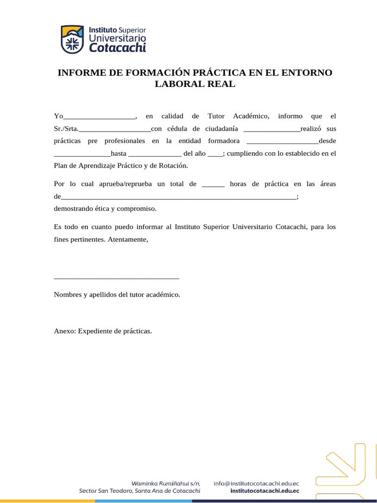 Anexo 9. Formato de Informe de Formación Práctica en El Entorno Laboral ...