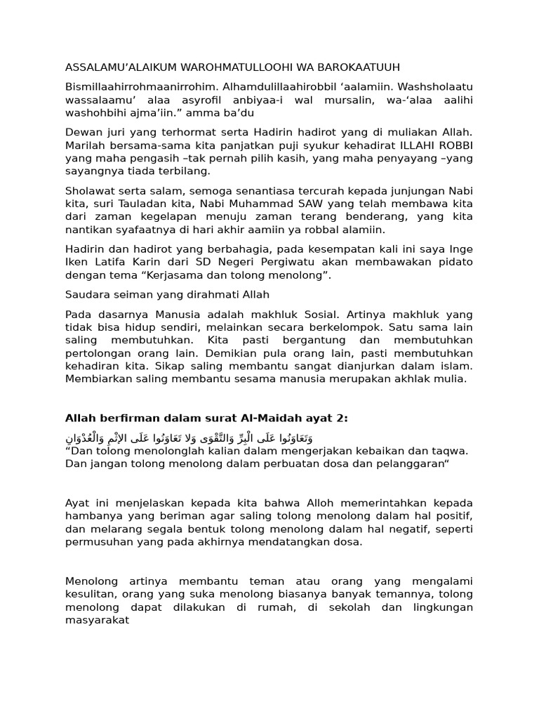 TEKS PIDATO TENTANG TOLONG MENOLONG DALAM KEBAIKAN | PDF