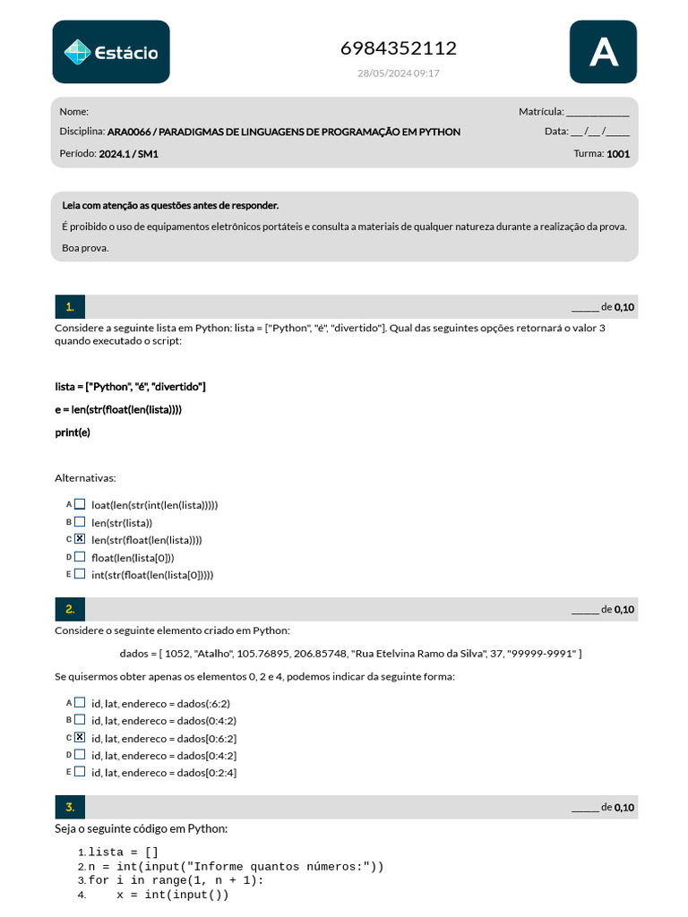 Avaliação Python Com Gabarito | PDF | Python (linguagem de programação ...