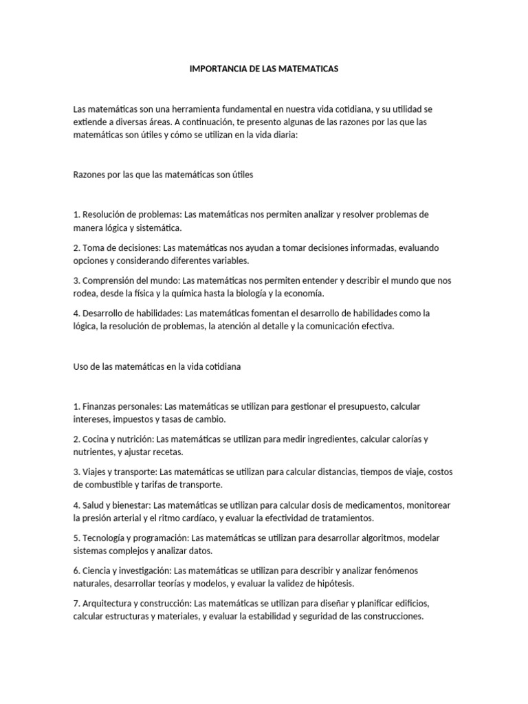 IMPORTANCIA DE LAS MATEMATICAS | PDF