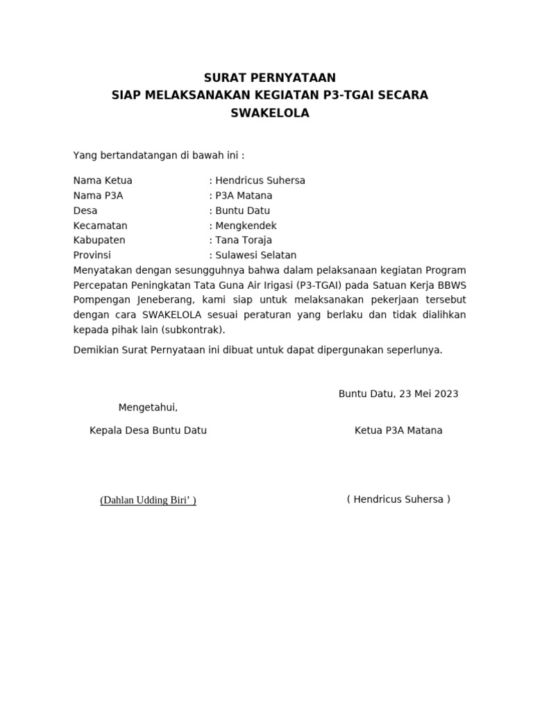 SURAT SIAP PERNYATAAN SWAKELOLA | PDF
