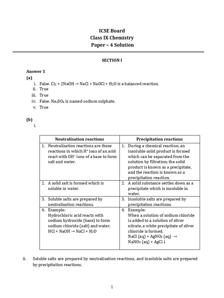 Chemistry 9 Icse Sample Paper 4 Solution | PDF | Precipitation ...