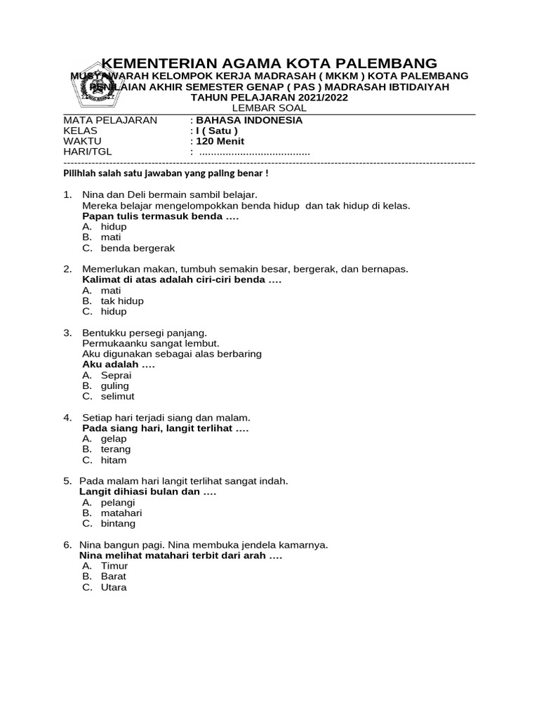 Soal Bahasa Indonesia Kelas 1 MKKM 2022 | PDF