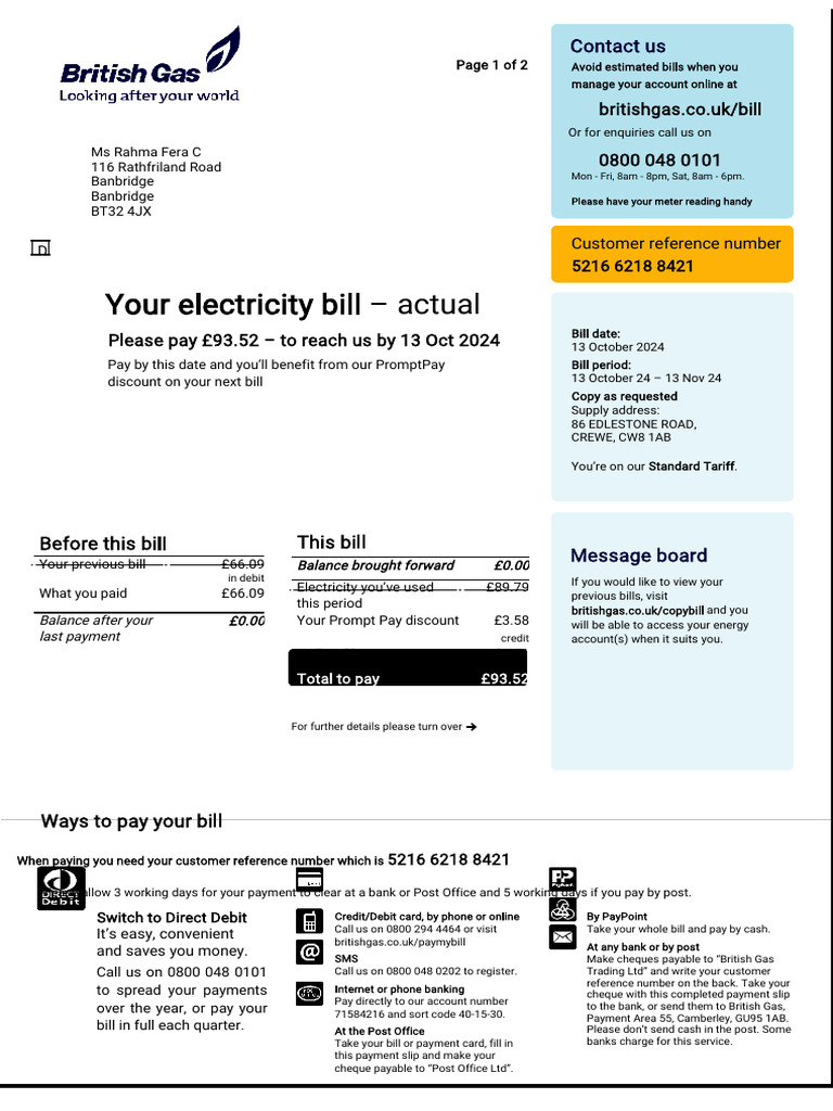 British Gas Electricity Bill Template | PDF | Cheque | Payments