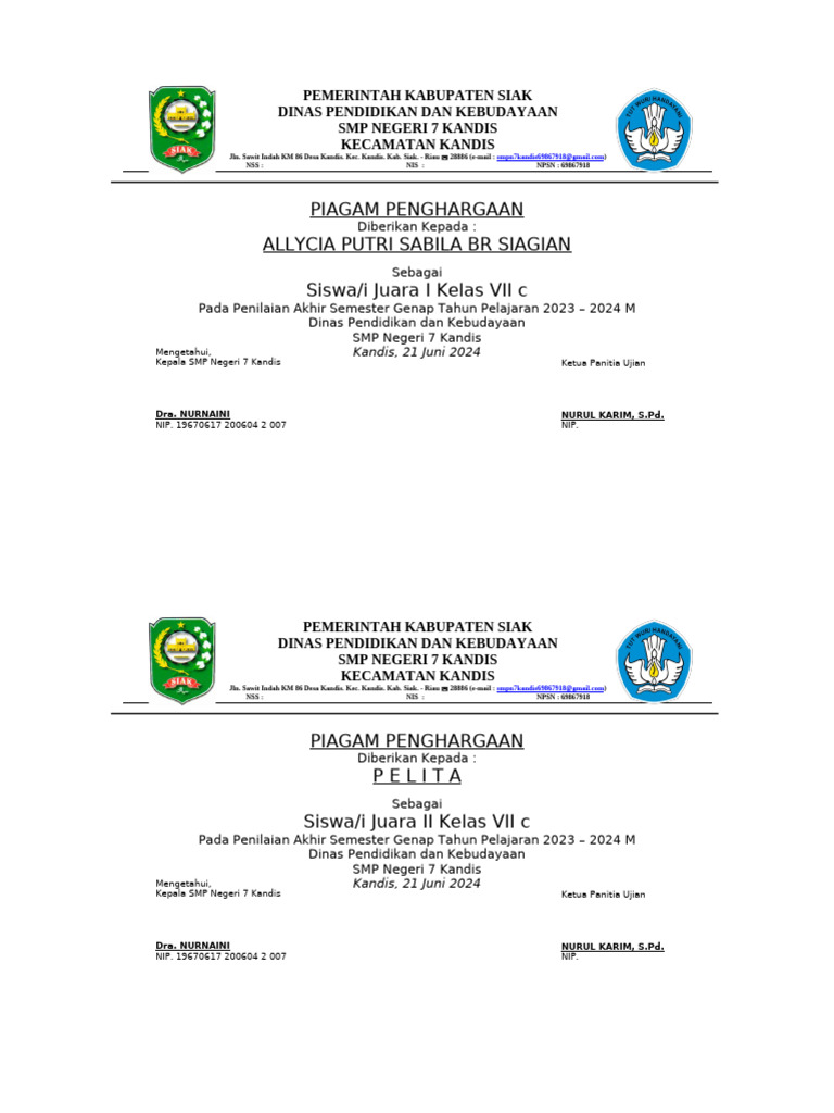 PIAGAM SISWA JUARA KELAS 7c | PDF
