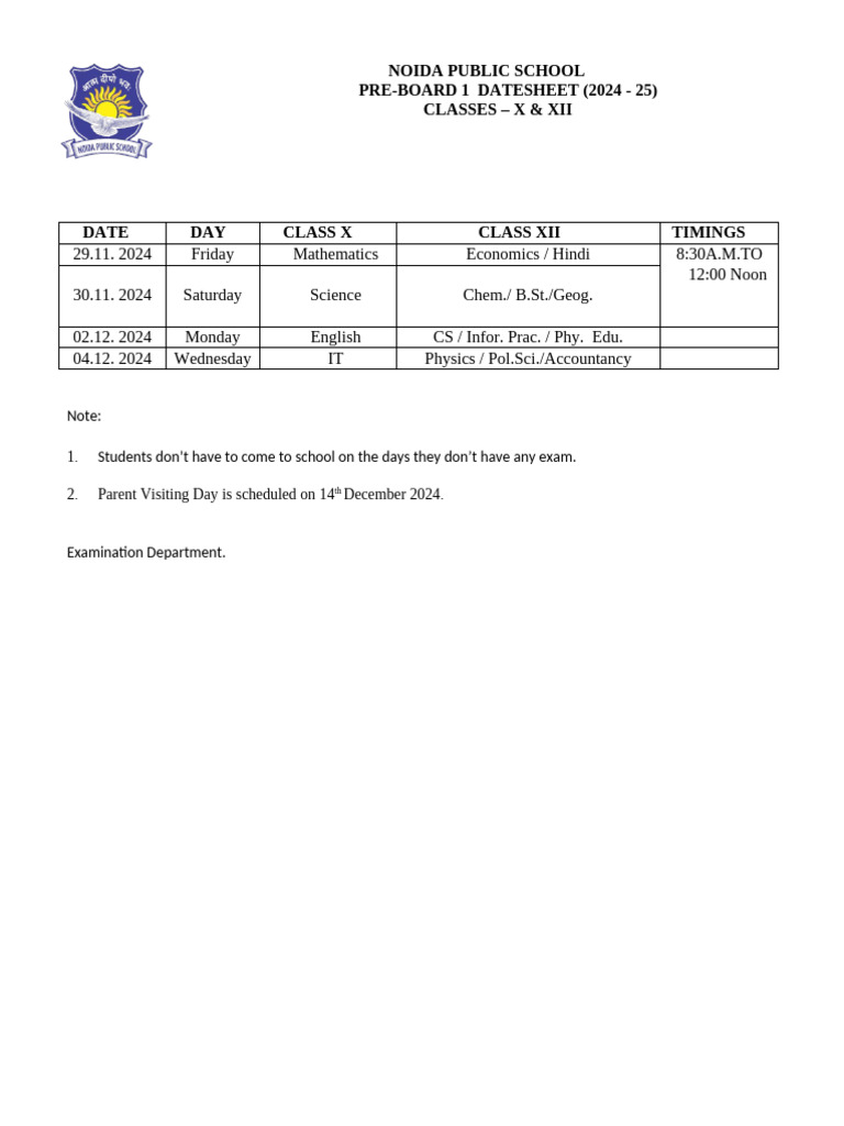 Updated Pre Board - 1 Datesheet (2024-25) X and XII | PDF