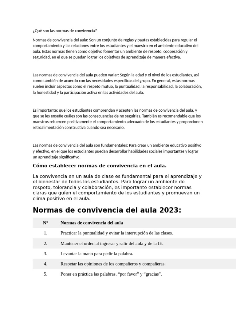 Normas de Convivencia en el Aula | PDF | Salón de clases | Enseñando