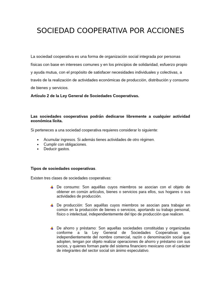 Tipos y principios de sociedades cooperativas | PDF | Cooperativa ...