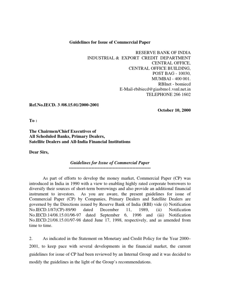 Commercial Papers Reserve Bank Of India Banks