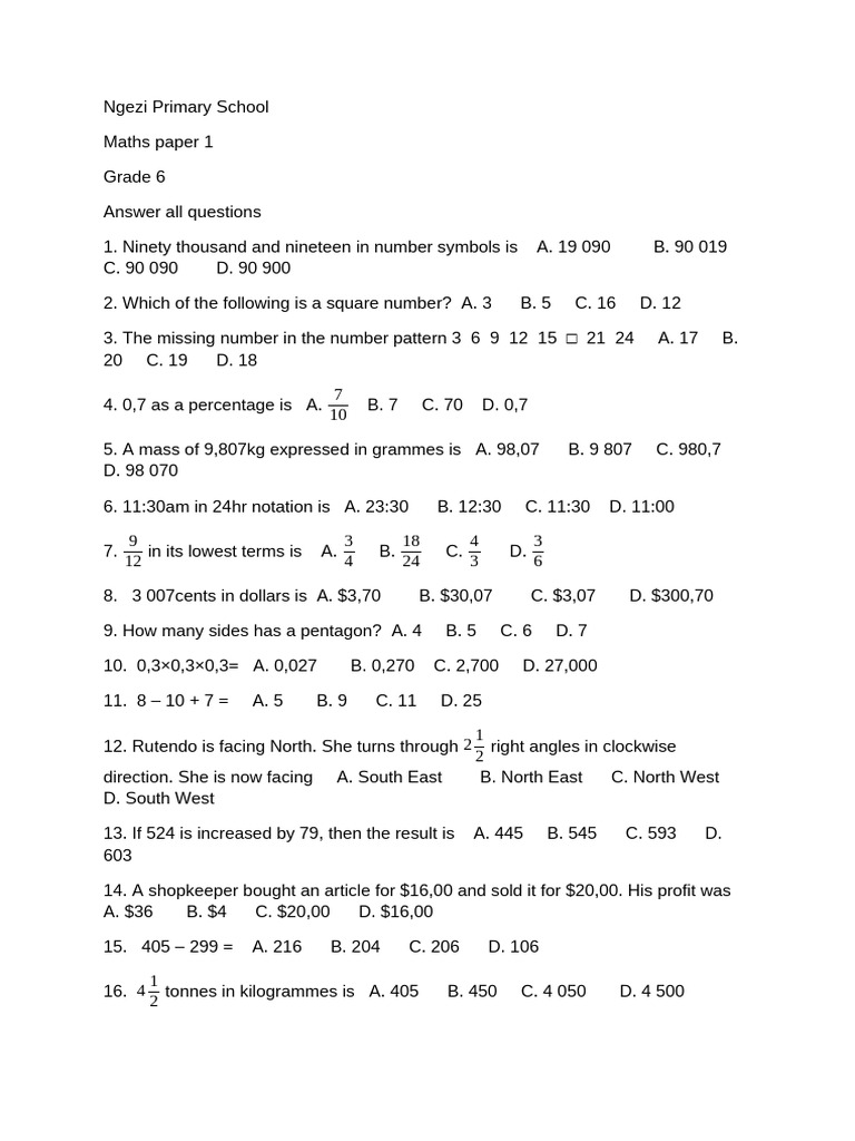 Grade 6 Mathematics Exam Paper | PDF | Mathematics | Euclidean Geometry