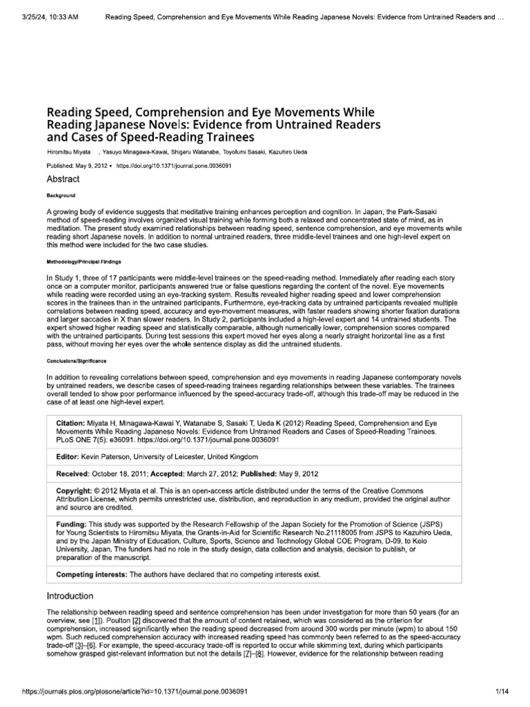 Reading Speed, Comprehension and Eye Movementes While Reading Japanese ...
