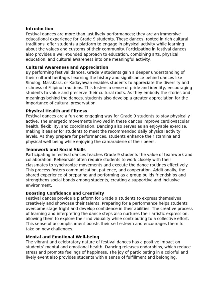 The Benefits of Festival Dances To Grade 9 Students | PDF | Mental ...