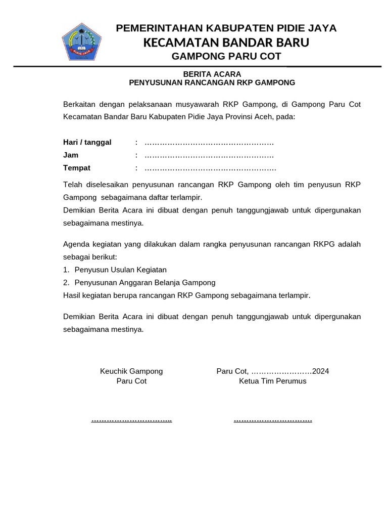 Rancangan RKP Gampong Paru Cot 2026 | PDF