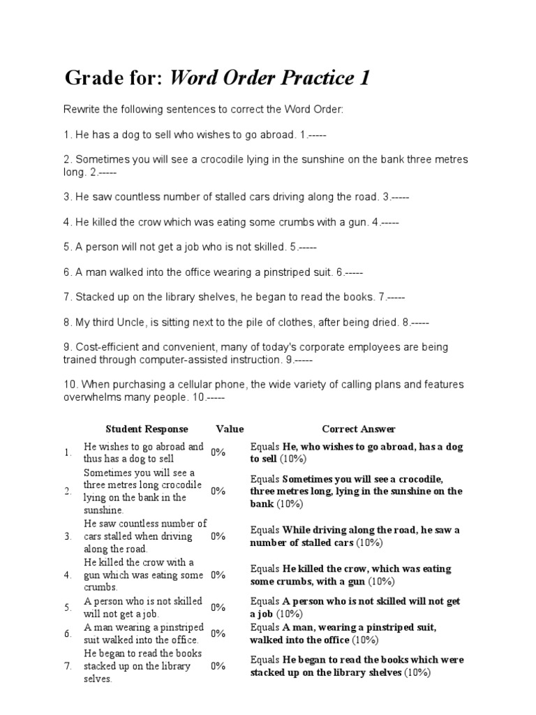 Grade For: Word Order Practice 1 | PDF