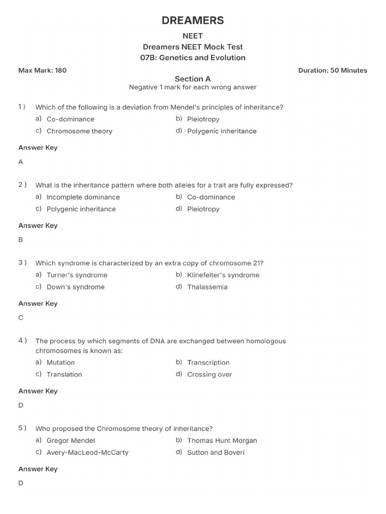 Neet Genetics and Evolutions Unit 7 Answeres | PDF
