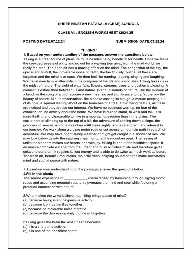 Class VII English Worksheet | PDF | Linguistic Typology