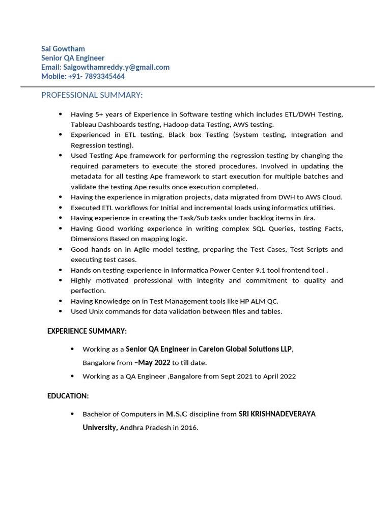 Senior QA Engineer with ETL Expertise | PDF | Data Warehouse | Computing