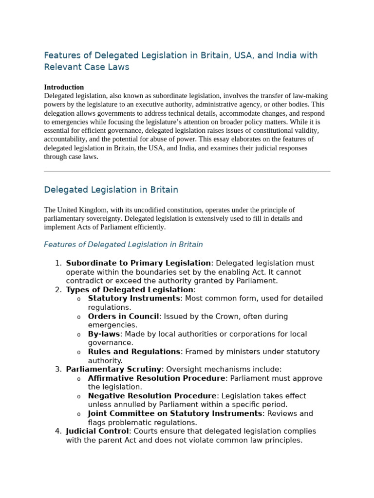 Delegated Legislation: UK, USA, India Analysis | PDF | Judicial Review ...