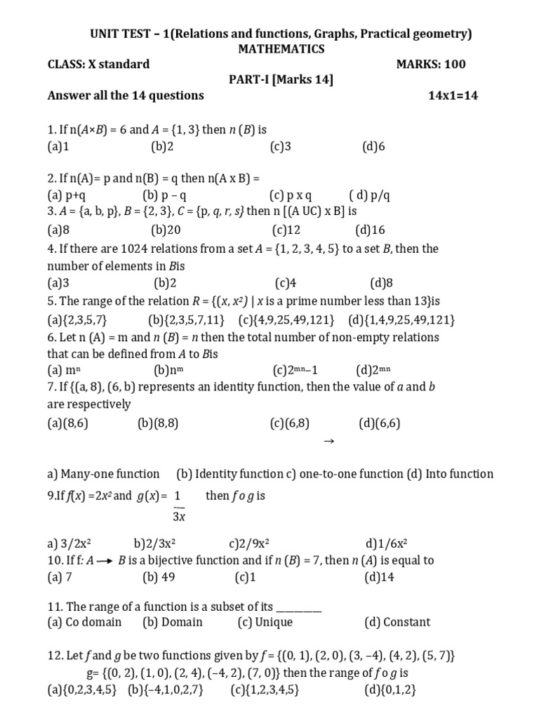 Mathematics Unit Test for Class X | PDF | Function (Mathematics ...