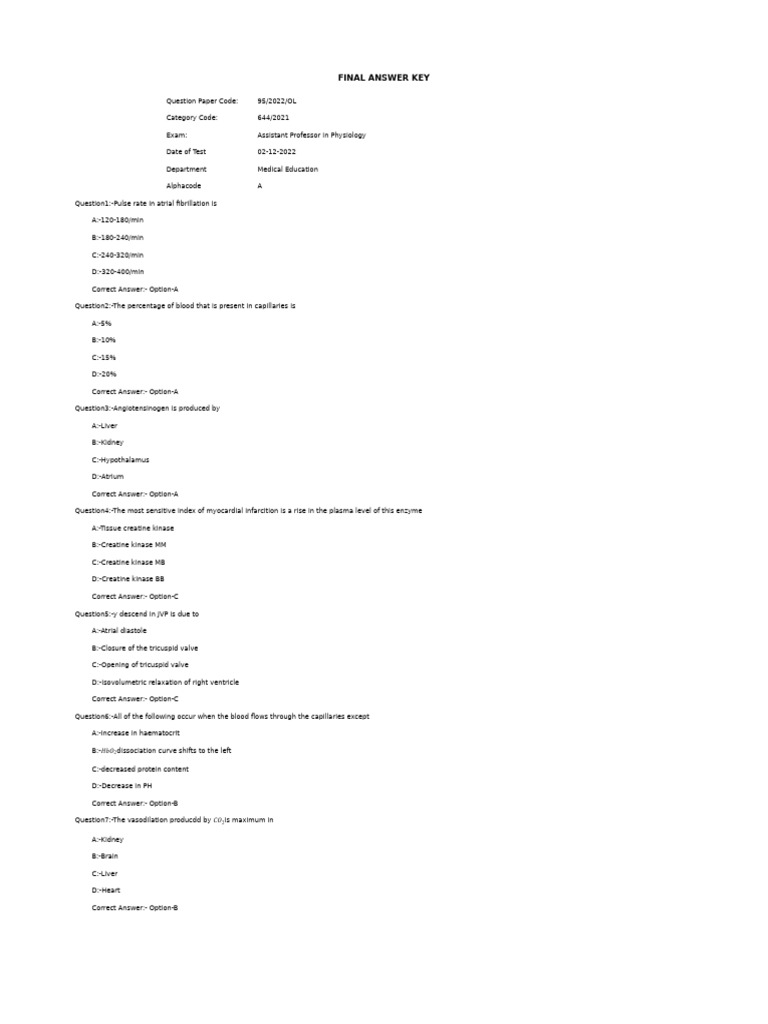 Assistant Professor Physiology Exam Key | PDF | Cerebellum | Bleeding
