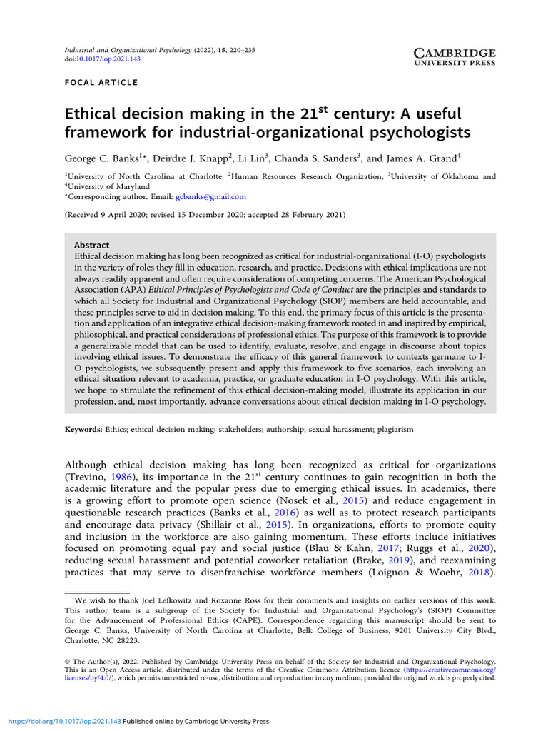 Ethical Decision-Making Framework for I-O Psychology | PDF | American ...
