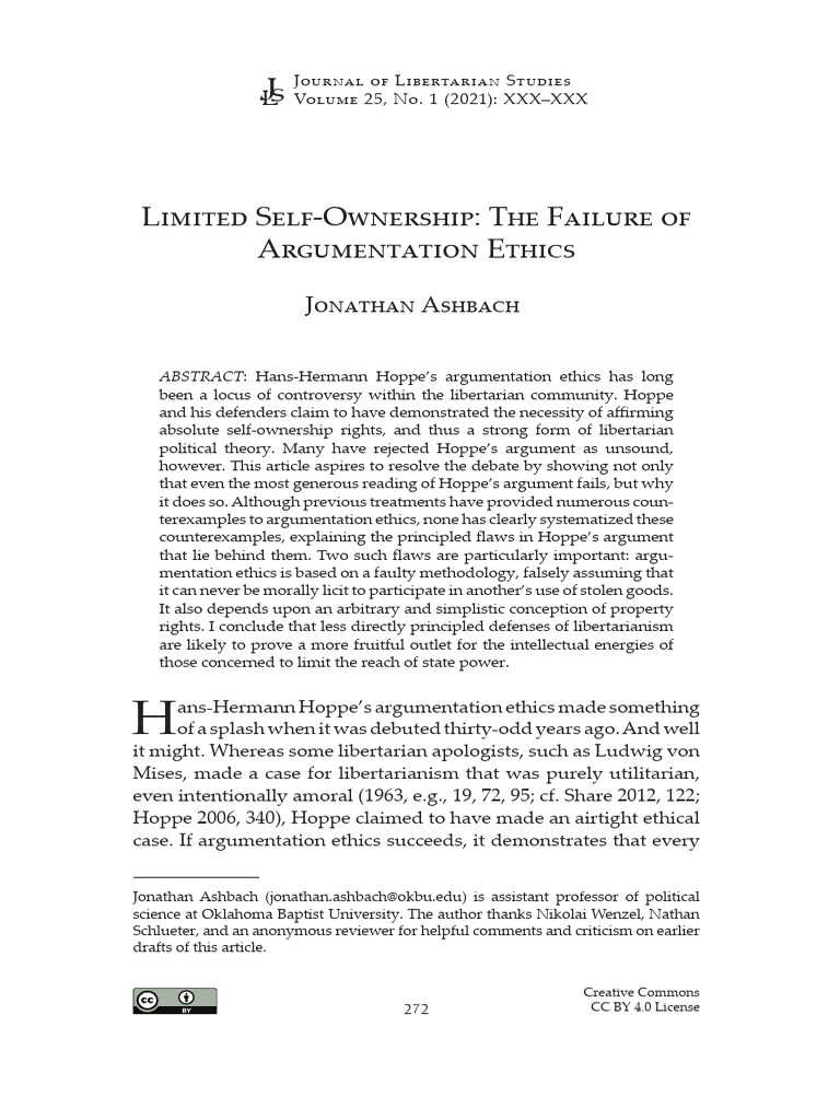 Limited Self Ownership The Failure of Argumentation Ethics | PDF ...
