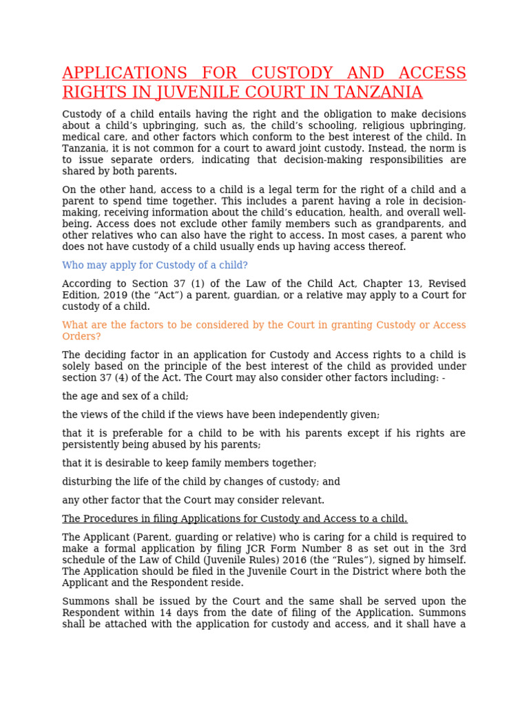 Custody and Access Rights in Tanzania | PDF | Child Custody | Best ...