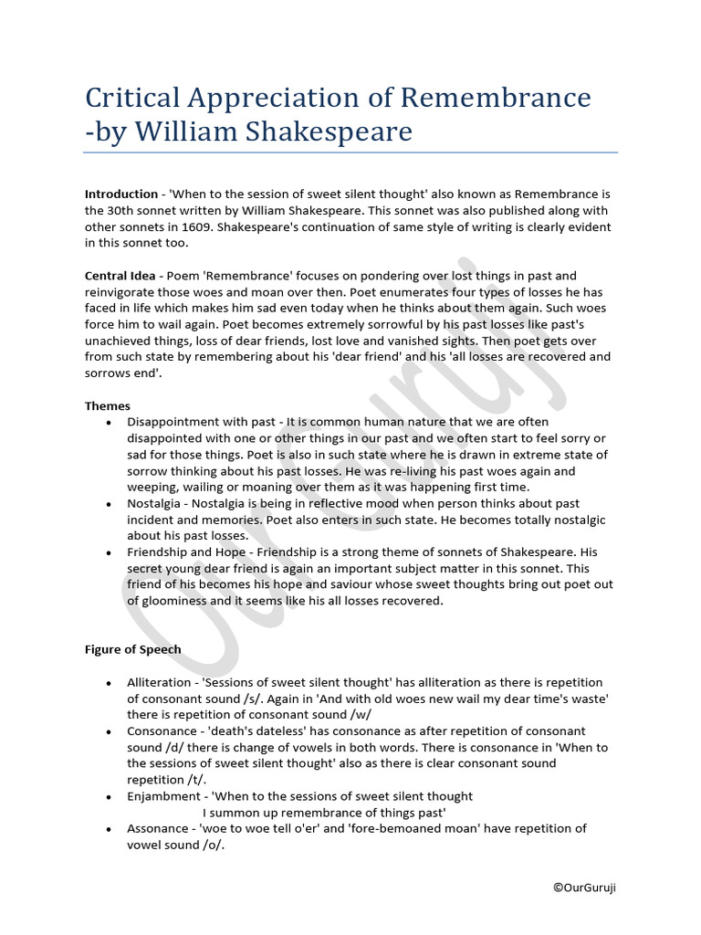 Critical Appreciation of Remembrance | PDF | Poetic Devices | Poetics