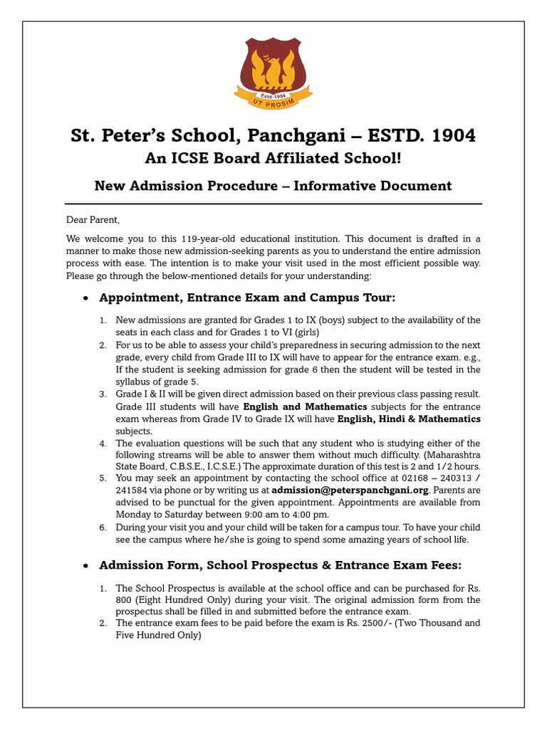 St. Peter's School Panchgani Admission Guide | PDF