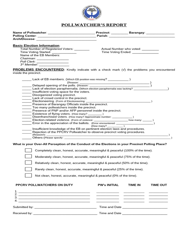 Pollwatcher's Election Report Form | PDF | Group Decision Making ...