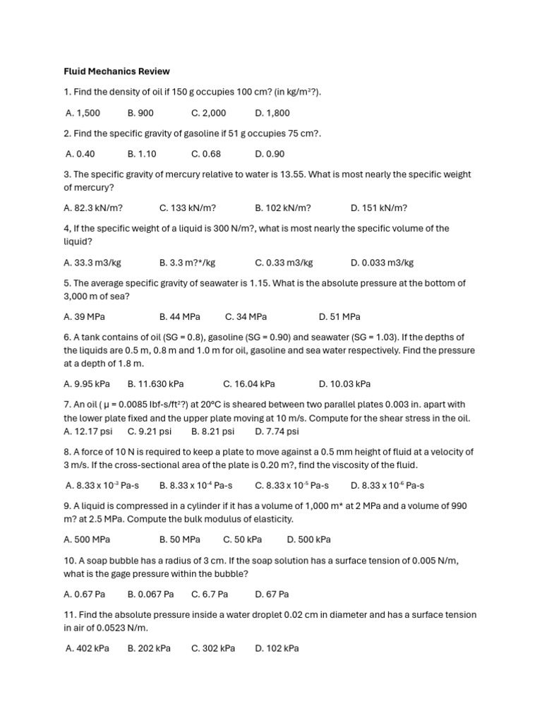 Fluid Mechanics Review | PDF | Pressure | Pascal (Unit)