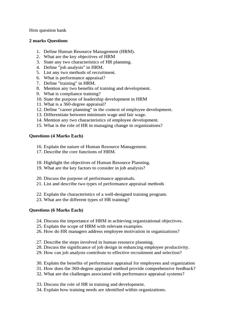 Comprehensive HRM Question Bank | PDF | Human Resource Management ...