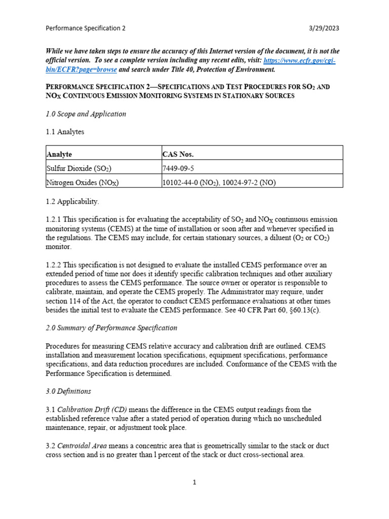 Performance Specification 2 for CEMS | PDF