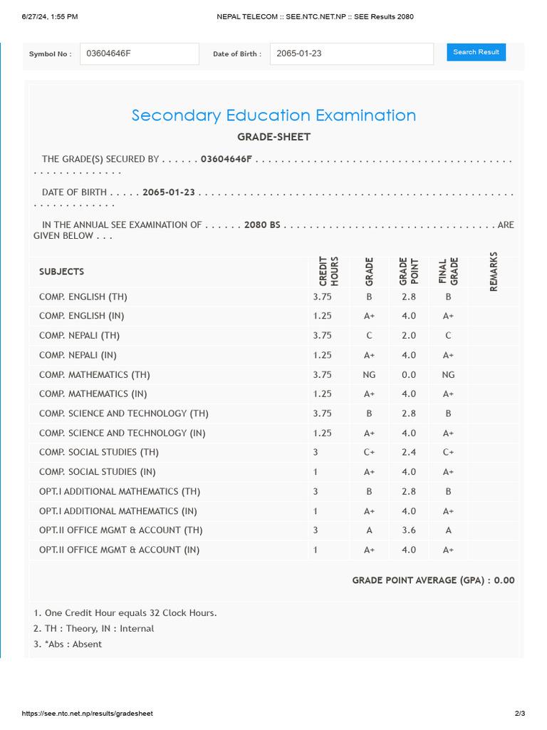 SEE Results 2080 Grade Sheet | PDF | Student Assessment And Evaluation ...